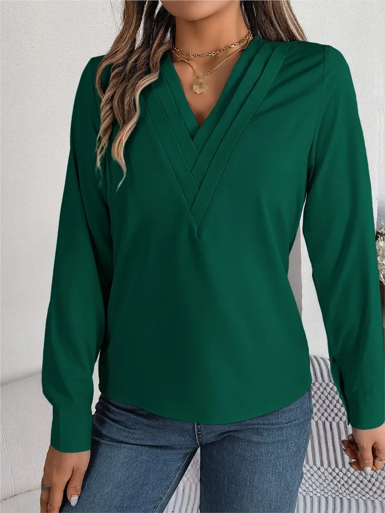 Primavera feminina senhora do escritório camisa em camadas elegante negócios moda blusas casual cor sólida com decote em v solto blusa de manga longa