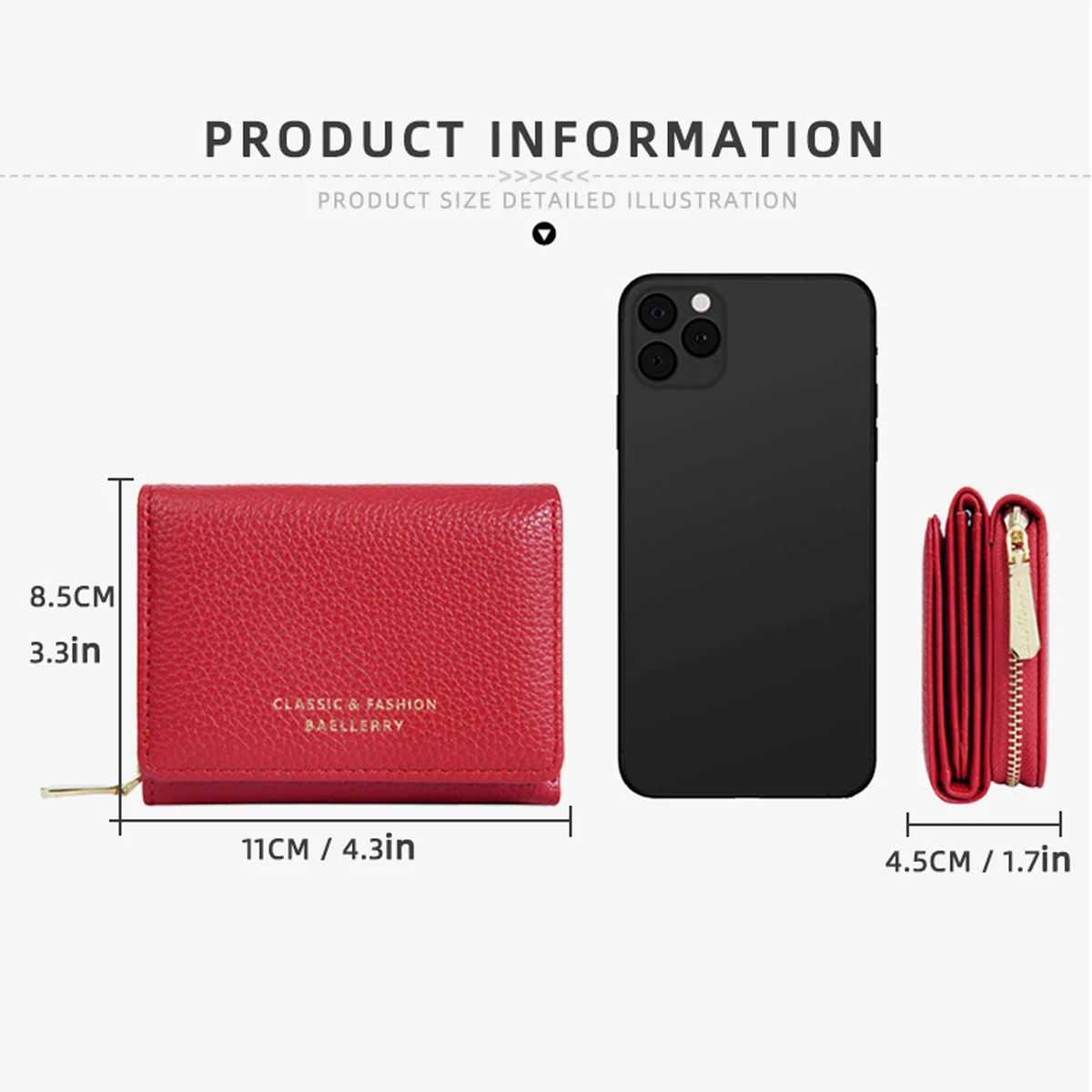 Fashion Women's Short Wallet Simple Buckle PU Wallet Three-fold Multi-card Coin Purse Zipper Card Holder