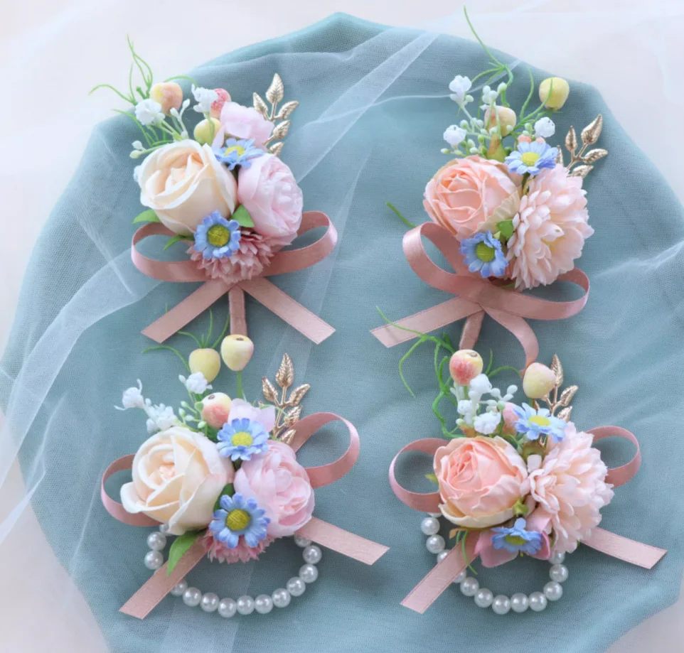 

2025 Korean-style European champagne wedding corsage wrist flower bride groom bridesmaid groomsman parents