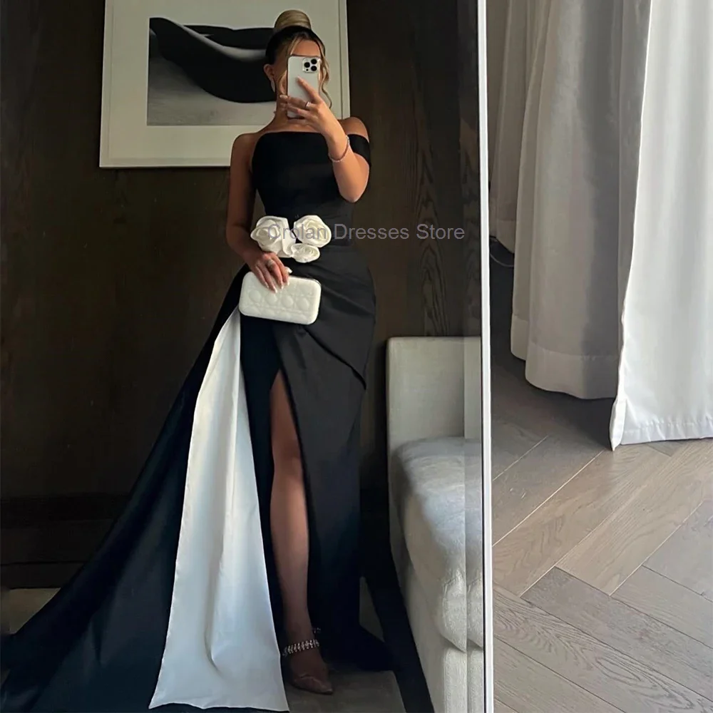 Chic Black One Shoulder Evening Dress Saudi Aribia Ladies 3D Flowers Prom Dress Side Split Chapel Train Formal Occasion Gowns