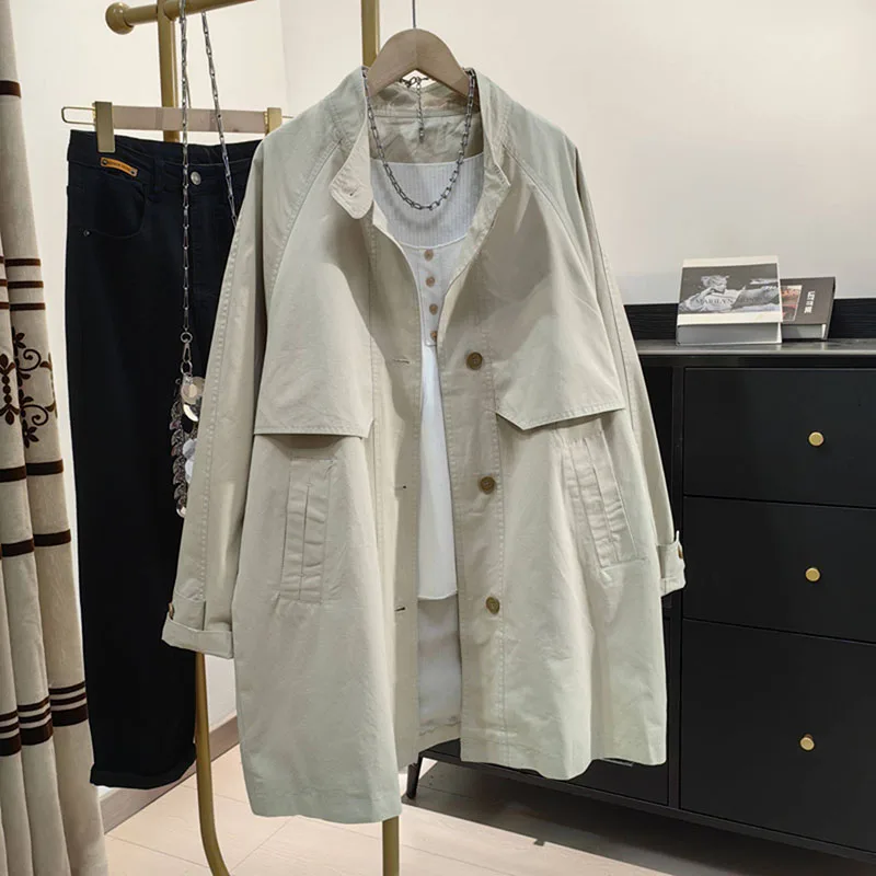 Women's Windbreaker Coat 2026 Spring Autumn New Korean Casual Single-breasted Long High-grade Cotton Stand-up Collar Coat