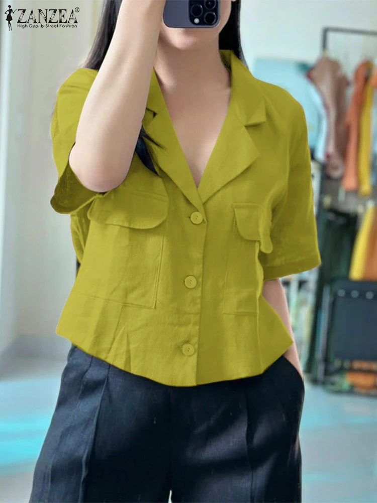 ZANZEA 2025 قمصان صيفية أنيقة بلون واحد للسيدات نصف كم بلوزة جيب غير رسمية بدلة ياقة أزرار ملابس علوية للسيدات للمكتب