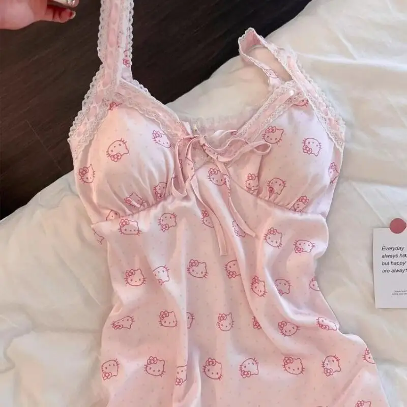 

Sanrio Girl New Style Suspender Skirt Hello Kitty Women Ice Silk Dress Cartoon Versatile Print Sweet Comfortable Nightgown Hot