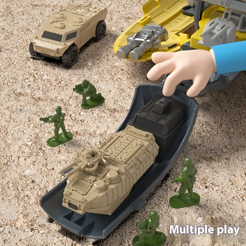 

1 комплект военных игрушек для детей, трансформируемая подводная лодка для хранения с транспортными средствами, вертолетом и фигурками,