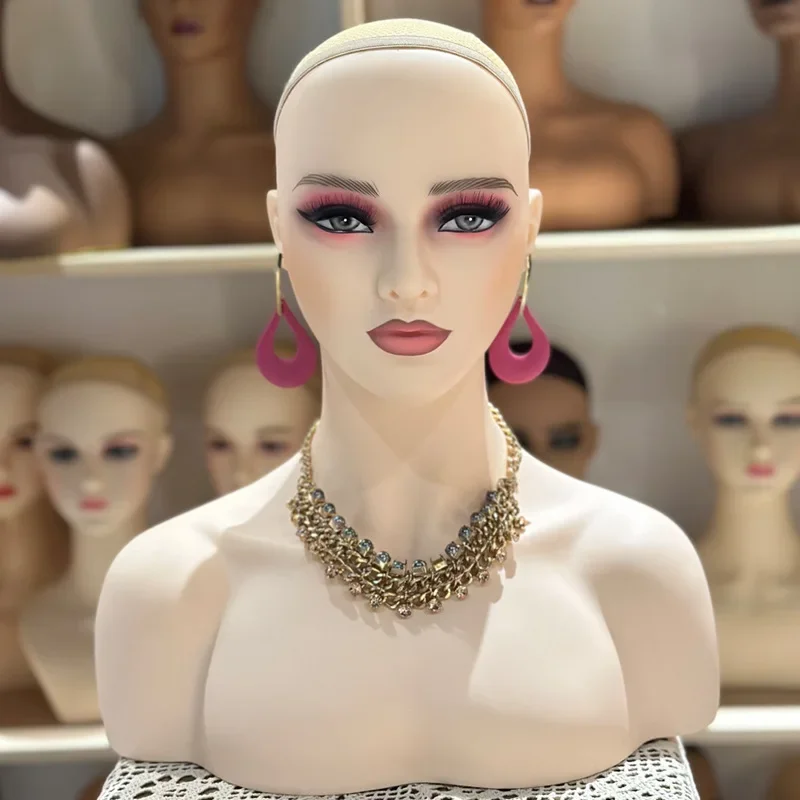 

Realistic European American Female Mannequin Head with Shoulders for Wig Hats Jewelry Display