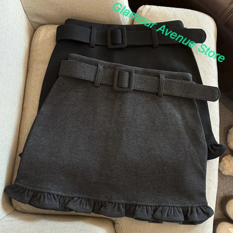 Korean Retro Woolen Wooden Ear Skirt Women's Autumn and Winter New Fashion High Waist Slim Casual Joker Bag Hip A-line Skirt