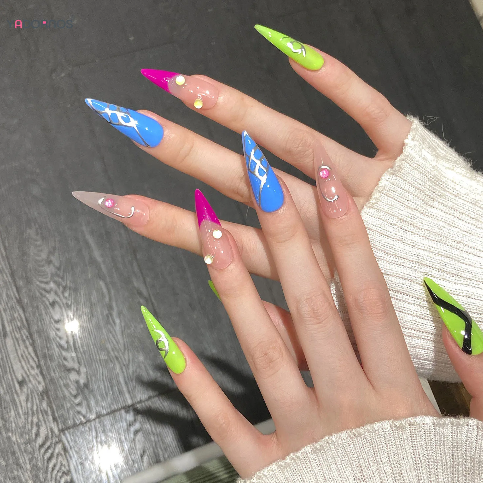 Uñas postizas hechas a mano, manicura de cobertura completa, estilo Punk, Stiletto largo, azul y verde, para vacaciones de verano