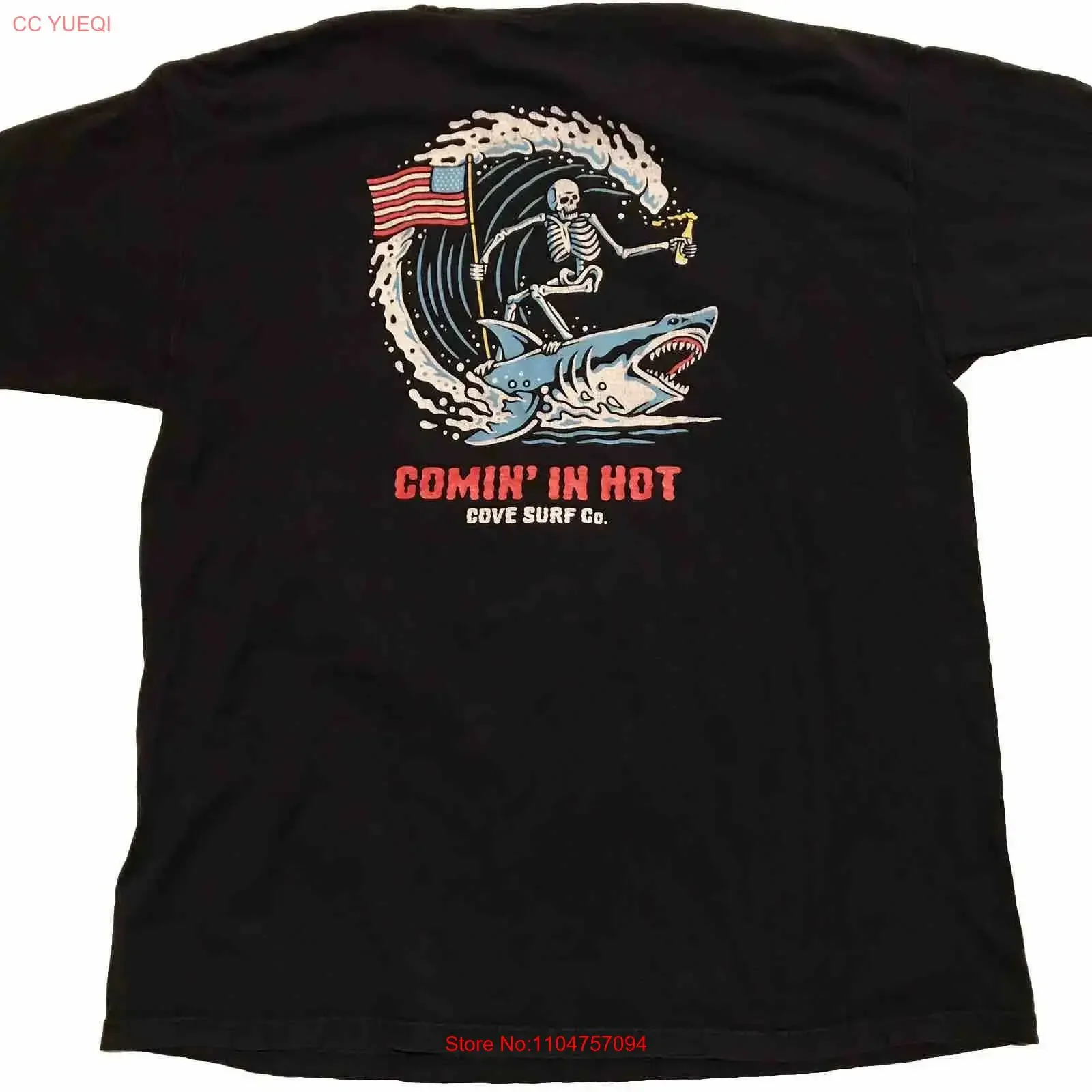 Camiseta de hombre Barreling the Wave Surf COMING IN HOT Skeleton Shark negra 3XL, estilo vintage, lavada, unisex, transpirable, con estampado gráfico.