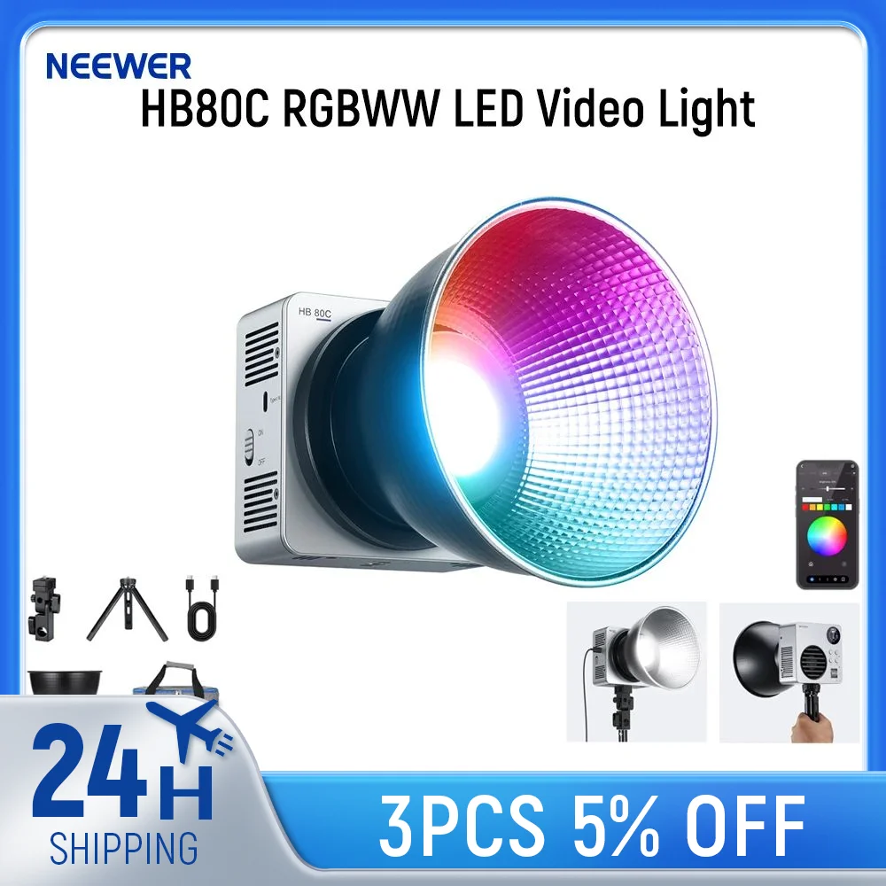 

NEEWER HB80C RGBWW LED Video Light with Built-in 72Wh Battery & 100W PD Fast Charging, 80W RGB COB Continuous Output Lighting