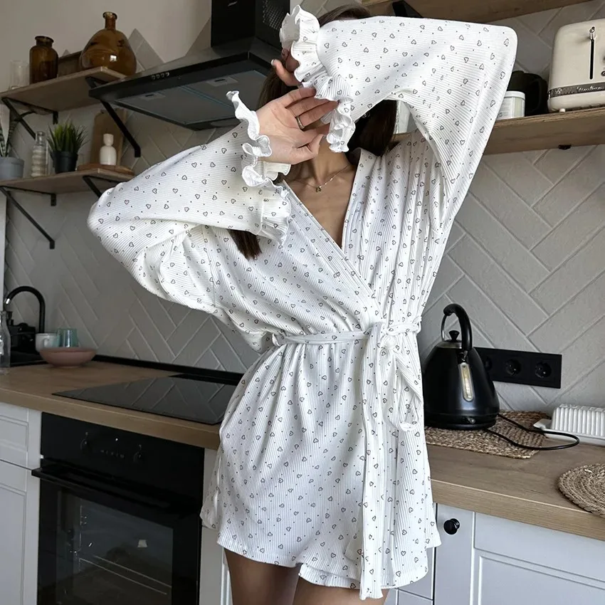 

2025 summer new knitted pajamas love print comfortable European and American home clothes ruffled long-sleeved nightgown