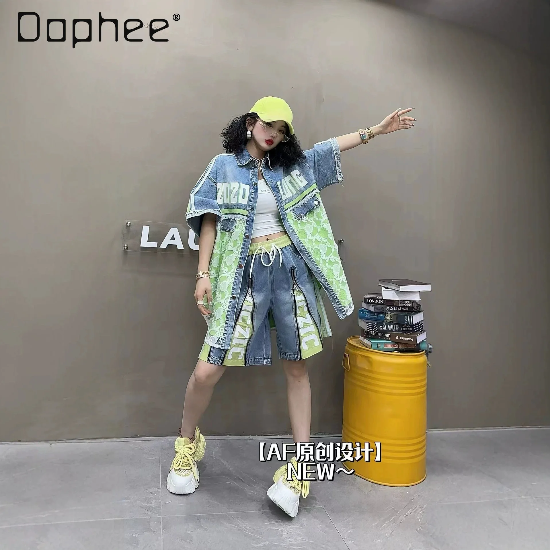

European Shirt Women's 2026 Summer New Lace Splicing Denim Fake Two-piece Letter Printing Button Short-sleeved Jacket