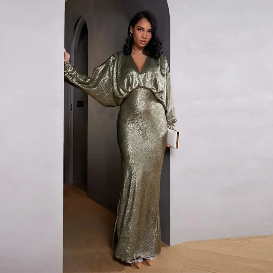 Shiny Maxi Dresses for Women V Neck Long Batwing Sleeves High Waist Fishtail Fashion Slim Elegant Simple Party Clubwear Vestidos