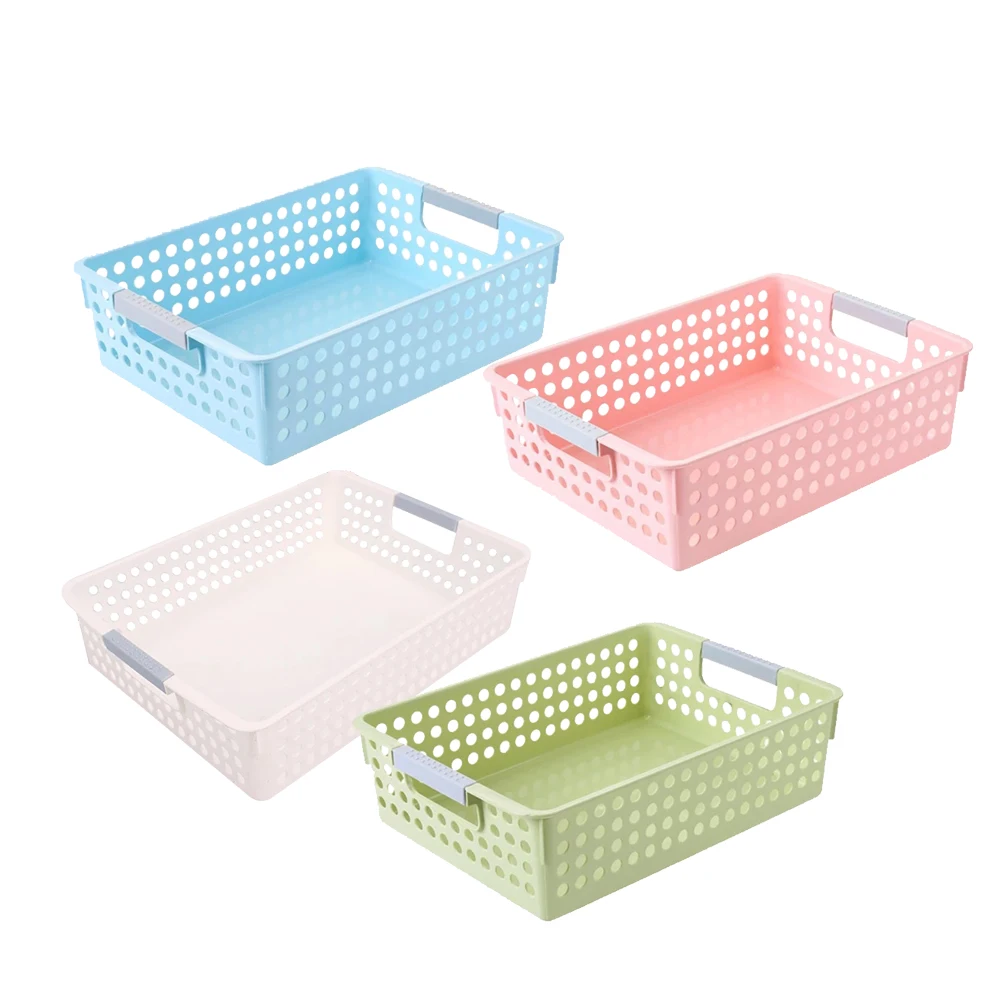 

4pcs Storage Basket Multi-purpose File Organizer Hollow Design Plastic Bins Pink White Green Box Paper Keeper