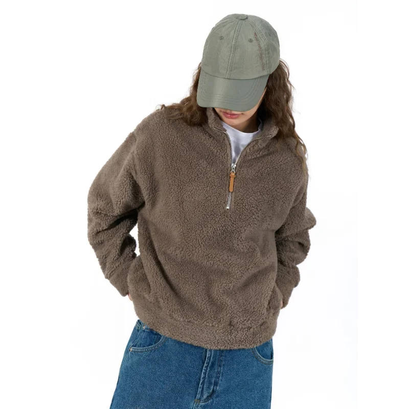 Double-faced Lamb Wool Sweatshirts Autumn Winter Warm Tops Women Half-high Collar Lazy Loose Soft Waxy Skin-friendly Clothing