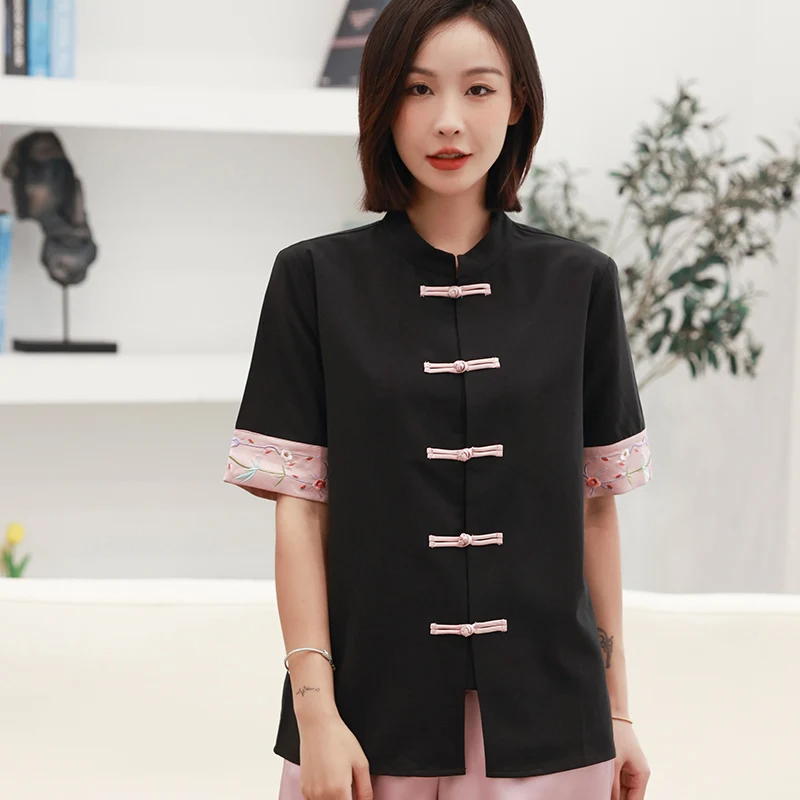 Chinese Style Ethnic Charm Women\'s Clothing Short Sleeve Top Vintage Embroidered Buckle Loose T-Shirts Summer Women Blouse