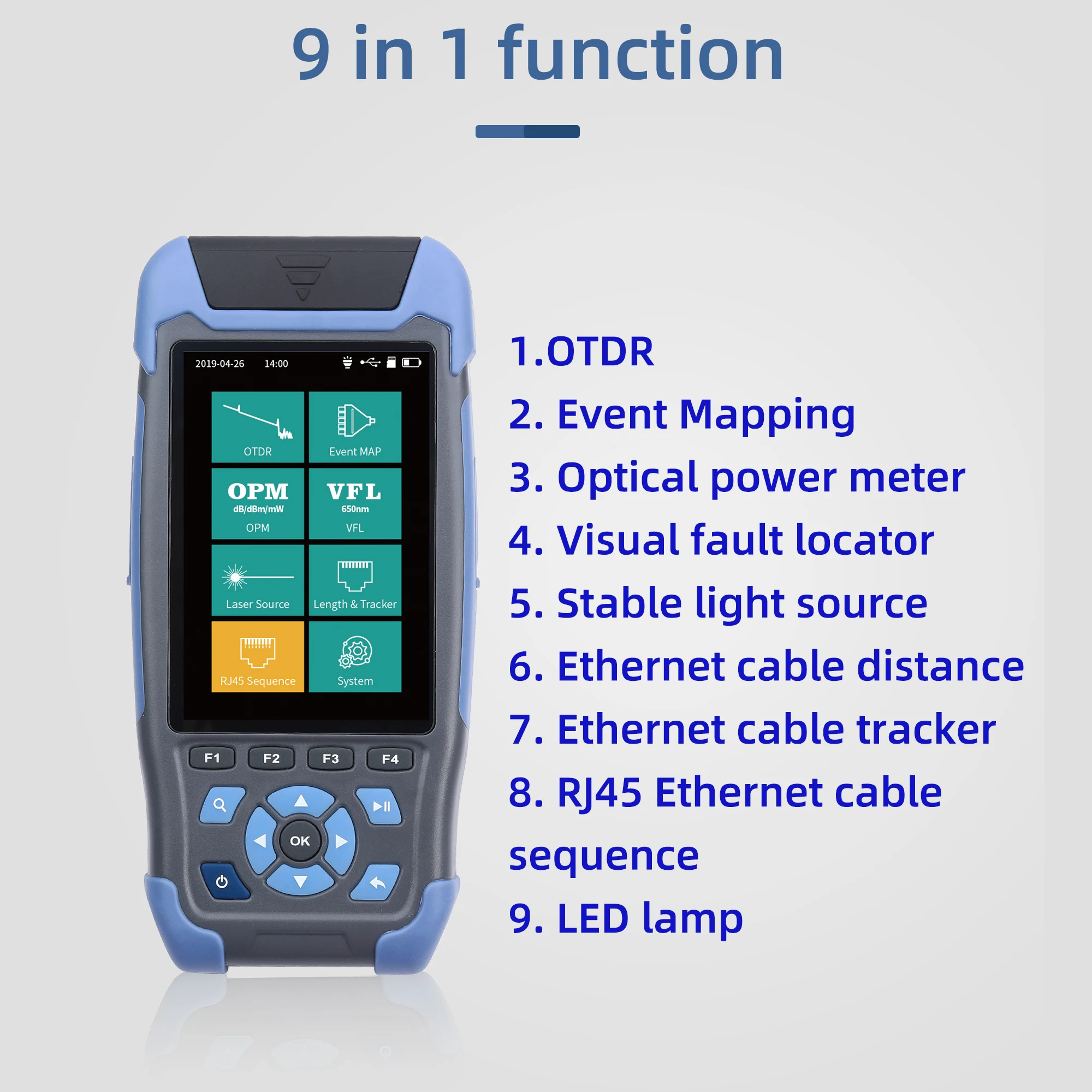 Imagem -04 - Otdr Fibra Óptica Reflectometer Adaptador Funções Vfl Ols Opm Mapa do Evento Rj45 Ethernet Cabo Tester Line Finder sc lc fc st