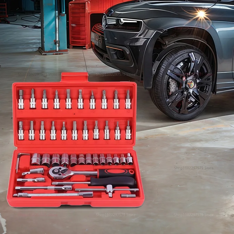 46pcs/Set Socket Wrench Diy Repair Tool Kit Ratchet Screwdriver for Car Repair Hardware Toolbox for Auto Repairing and Household