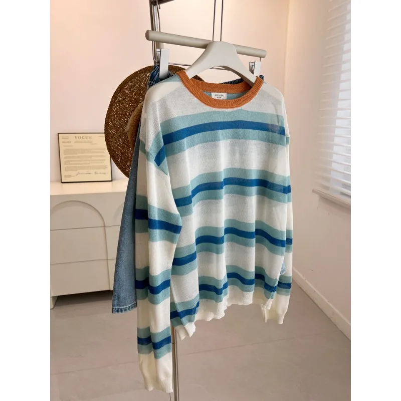 

Корейский стиль, контрастный полосатый свитер с круглым вырезом и длинными рукавами для женщин, свободный тонкий солнечный топ