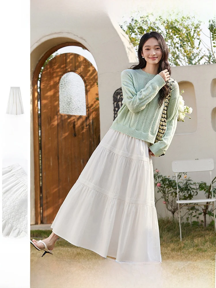 

Юбка А-силуэта с высокой талией, женская, весна-осень, новая, с кружевным дизайном, свободная, многоярусная, повседневная, модная