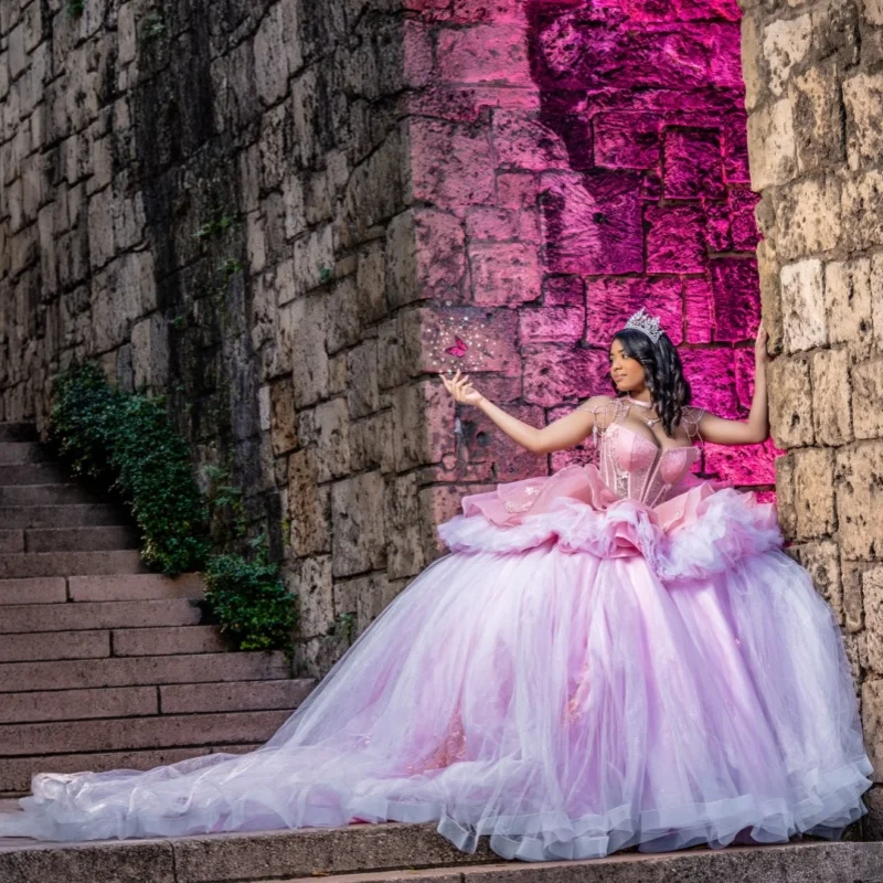 

Pink Quinceanera Dresses Off the Shoulder Glitter Lace Layering Decal Long tail Bow Vestidoe 15 Quinceanera Customize