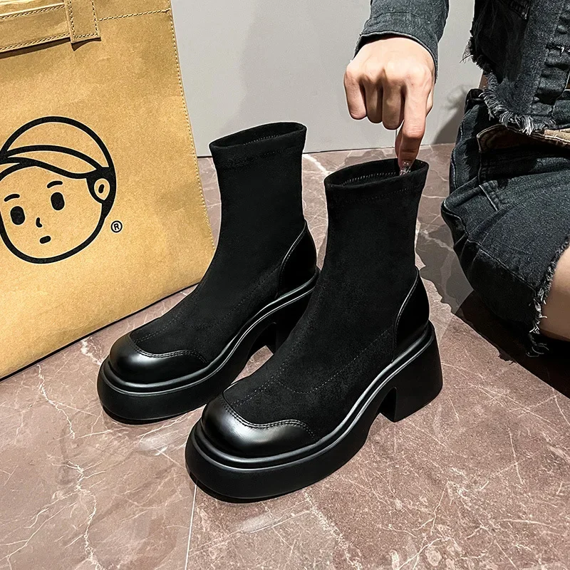 Women Black Ankle Booties Round Toe Chunky Heels Shoes Spring Autumn New Fashion Slip On Ladies Stretch Boots Cozy Botas Mujer