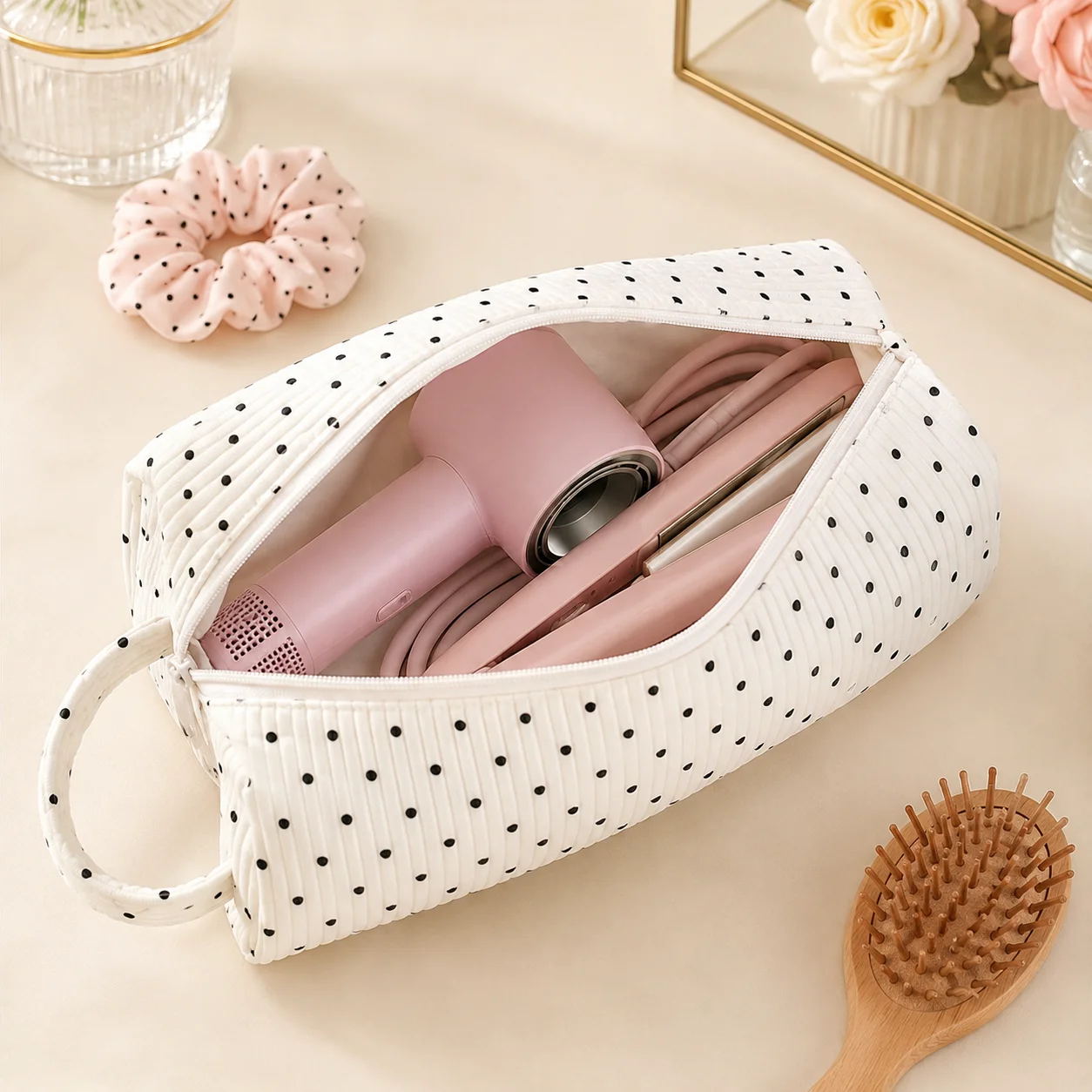 Hair Styling Tool Bag Ribbed Polka Dot Organizer Hair Dryer Storage Case Travel Straightener Pouch Beauty Accessories Organizer