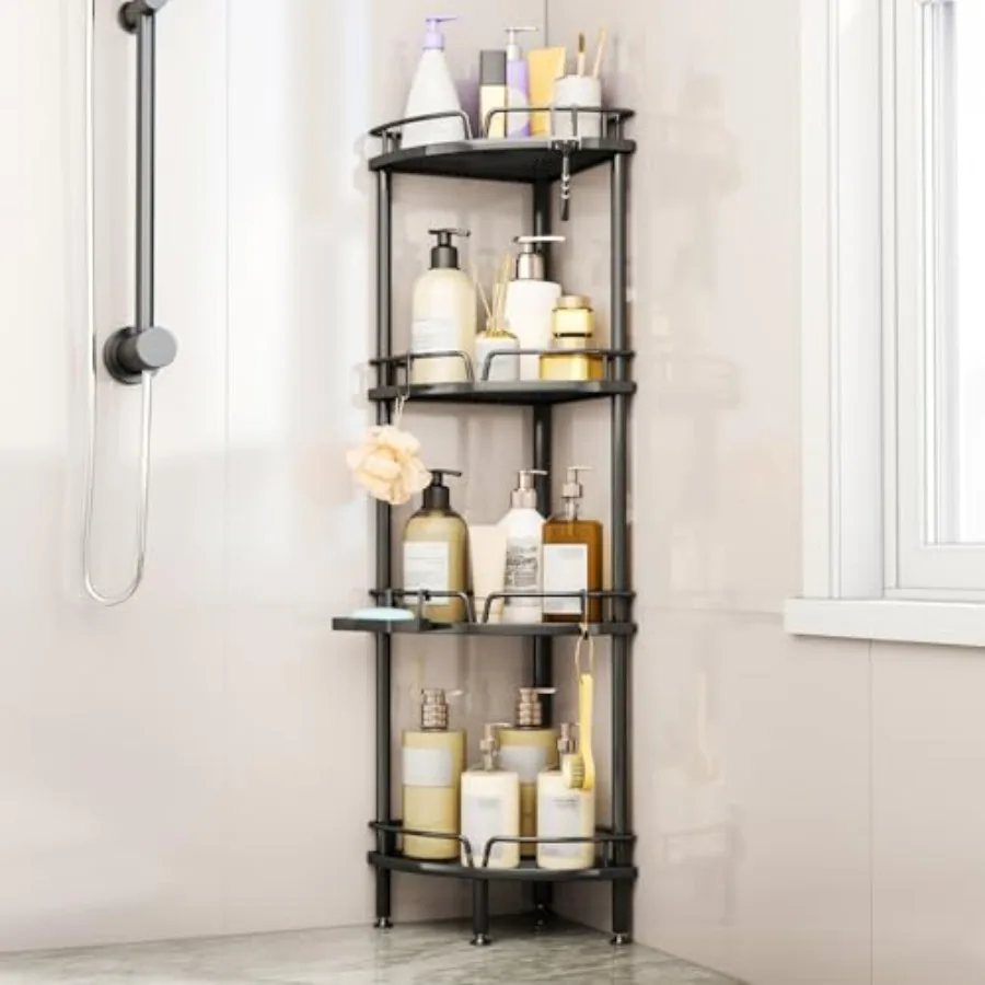 

Corner Shower Caddy Stand - Shower Organizer with Soap Holder Tall Floor Corner Shelf Standing with Adjustable Feet and Hooks S