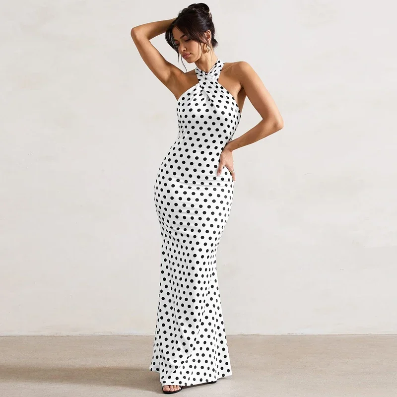 Satin Halter Spot Print Backless Button Lace Up Sexy Slim Maxi Dress Summer Women Elegant Y2K Clothes Party Festival