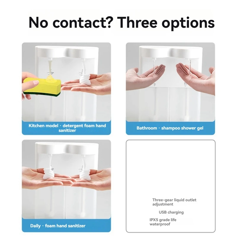 N09R-300ML Dispenser automatico di sapone doppio con sensore Dispenser di sapone con ricarica USB Supporto a parete regolabile a 3 livelli per il bagno