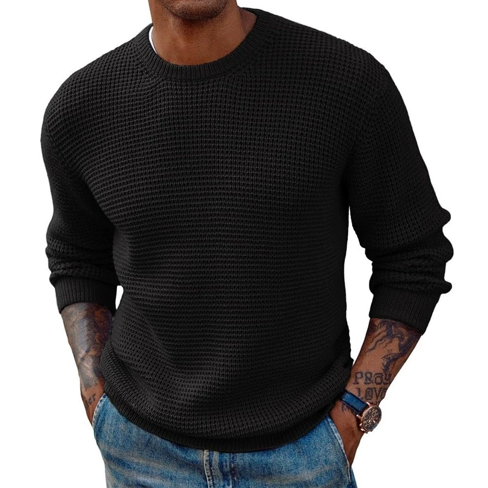 

New solid color round neck sweater pullover knitted sweater European and American men's long sleeved pullover sweater top