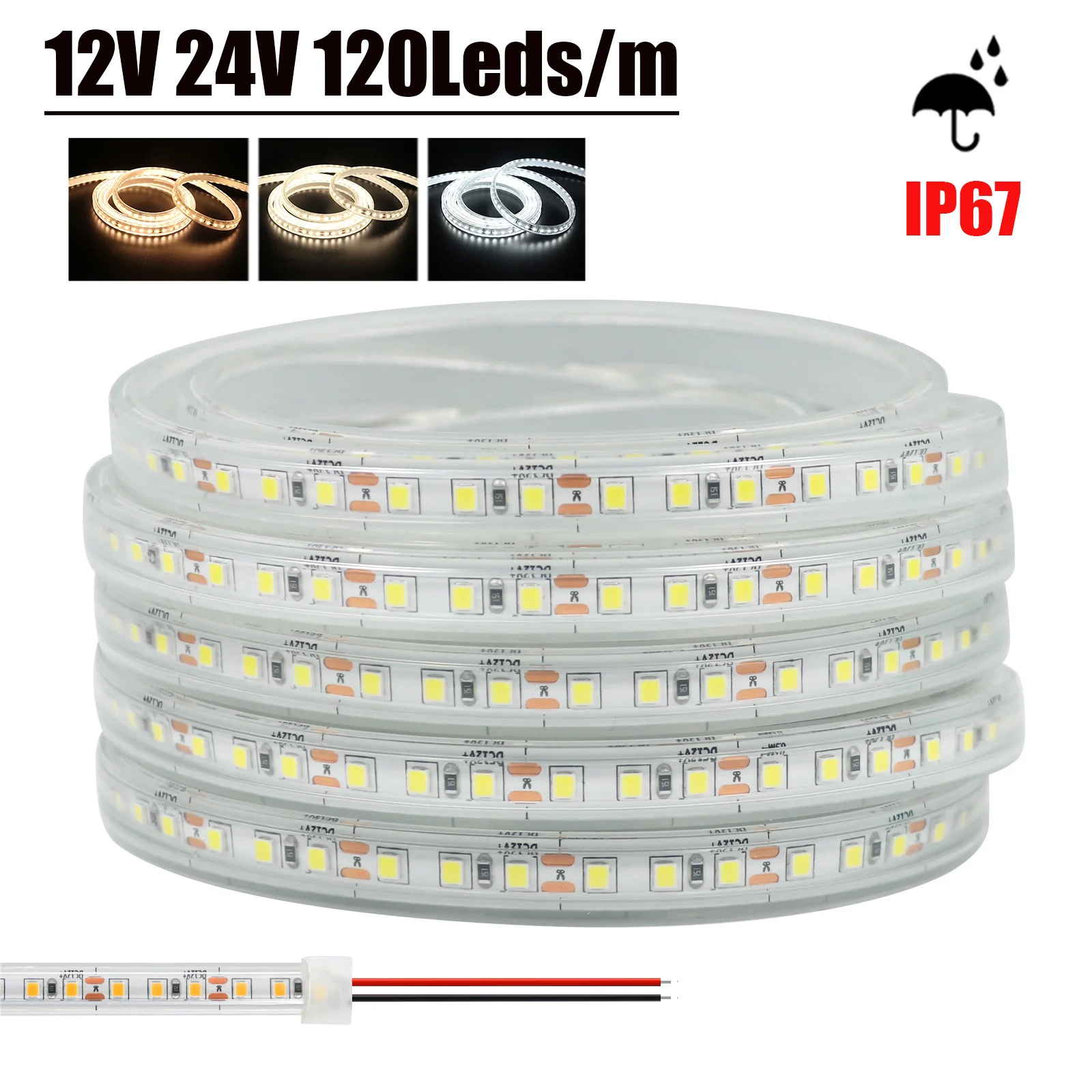 Tira de luces LED para decoración del hogar, cinta Flexible de 12V y 24V de CC, SMD 2835, 120LEDs/M, IP67, CRI 80RA resistente al agua, 3000K,