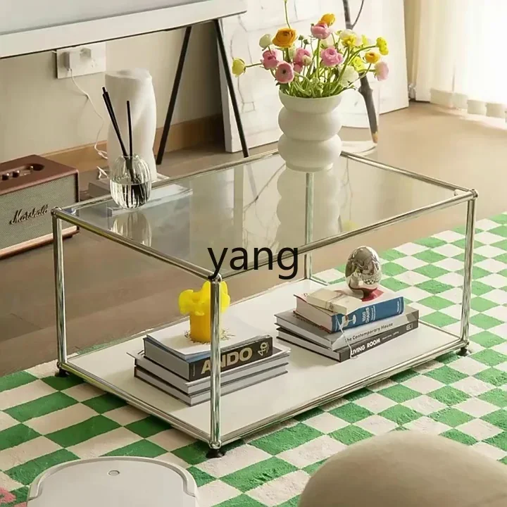 LH simple rectangular stainless steel coffee table double-layer tempered glass tea table mini table