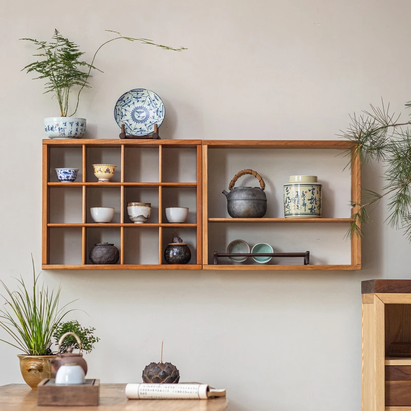*/*Solid Wood Lattice Shelf, Desktop Storage Rack, Wall-mounted Bogu Rack, Tea Cup Holder, Cherry Wood Tea Set, Duobao Grid.