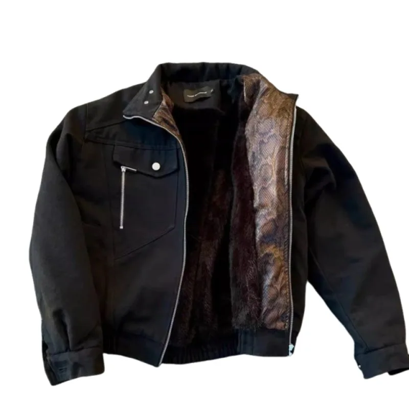 American Vintage Canvas Women Winter Fleece Lined Jacket Stand Collar Short Workwear Coat Female Streetwear Thick Warm Unisex