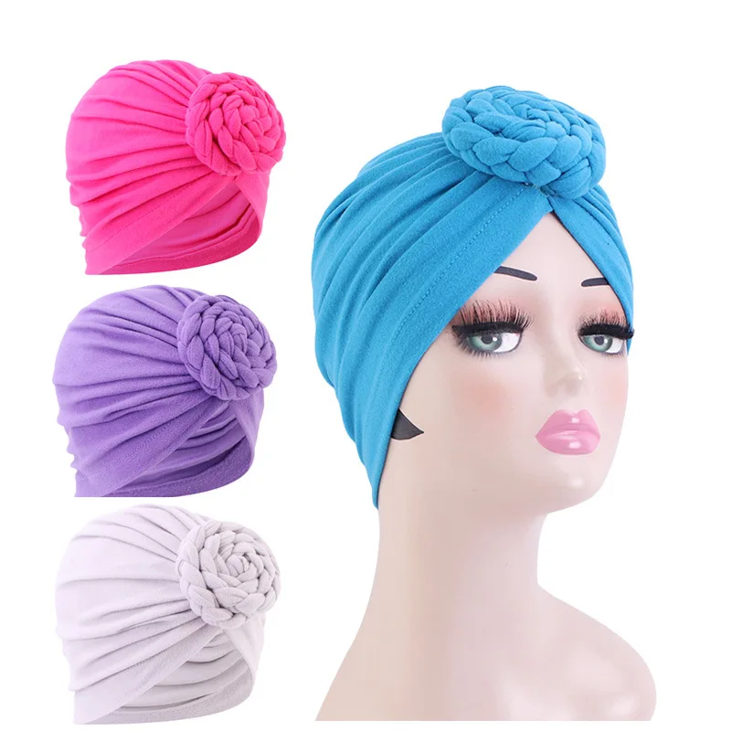 Women Turban Twisted Braid Plate Flower Decor Headwrap Muslim Lady Hair Cover Beanie Head Wear Solid Color India Hat Headscarf