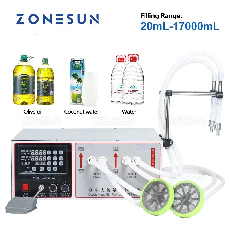 ZONESUN 17B فوهات مزدوجة شبه أوتوماتيكية النخيل الزيتون زيت الطبخ الصويا الحليب شرب آلة تعبئة زجاجات المياه