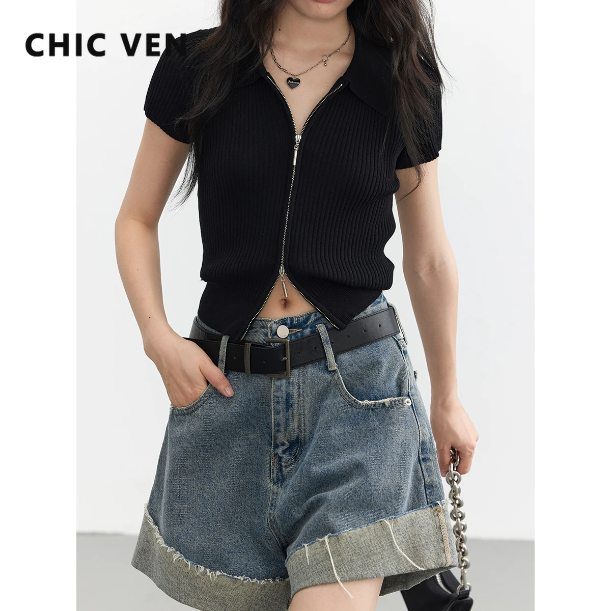 CHIC VEN Women\'s Cardigan Zipper Solid Female Sweaters Knitted T-shirts Short Sleeved Woman Top 2023 Summer Pullovers