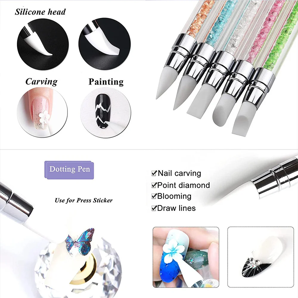 1Pc Dual-End Siliconen Graveren Embossing Pen 3d Steentjes Acryl Nagelborstels Voor Spiegel Glitter Poeder Diy Manicure Tools