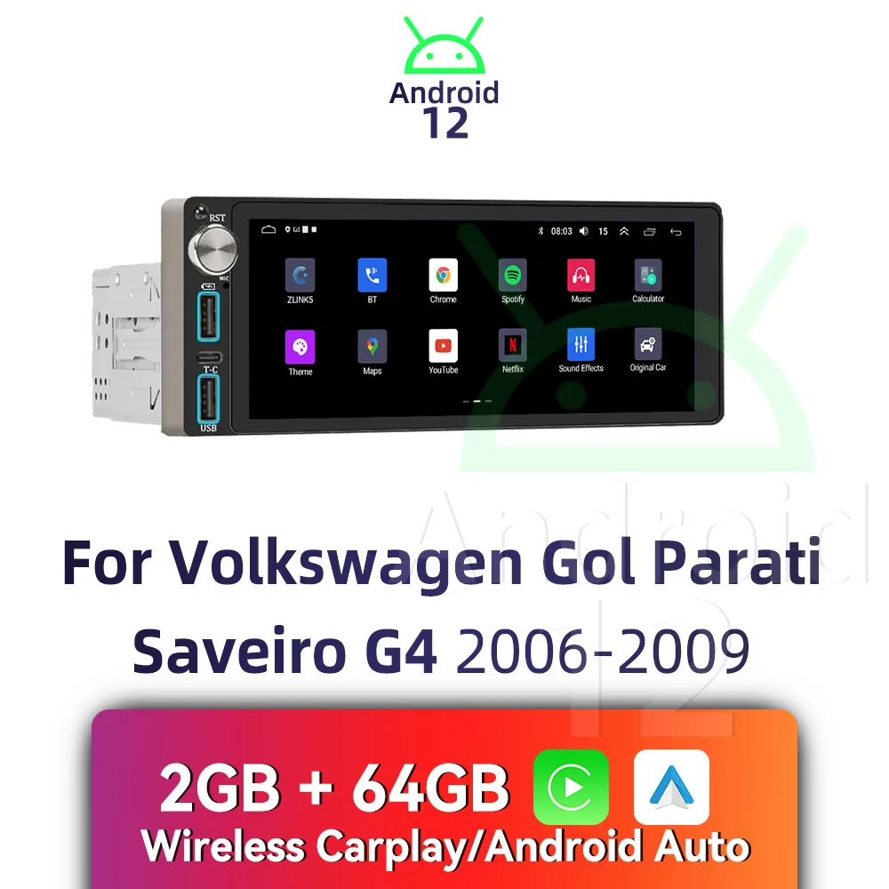 Carplay Autoradio 6,86 "pantalla 1Din Radio Android Multimedia para VW Volkswagen Gol Parati Saveiro G4 2006-2009 GPS BT