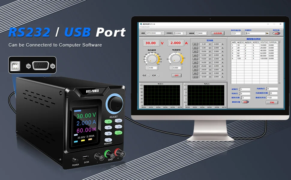 KUAIQU RS232/USB High Power Adjustable LAB Power Supply 1000V 800V 400V 300V 600V 30V 5A 10A Memory Storage,Output,Software PC