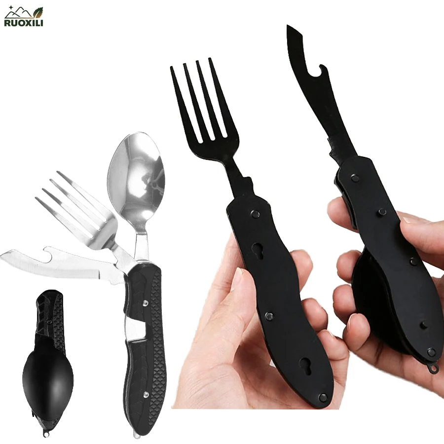

2 Pcs Stainless Steel Folding Spoon Fork Knife Bottle Opener Detachable Multifunctional Folding Tableware for Backpack Hiking