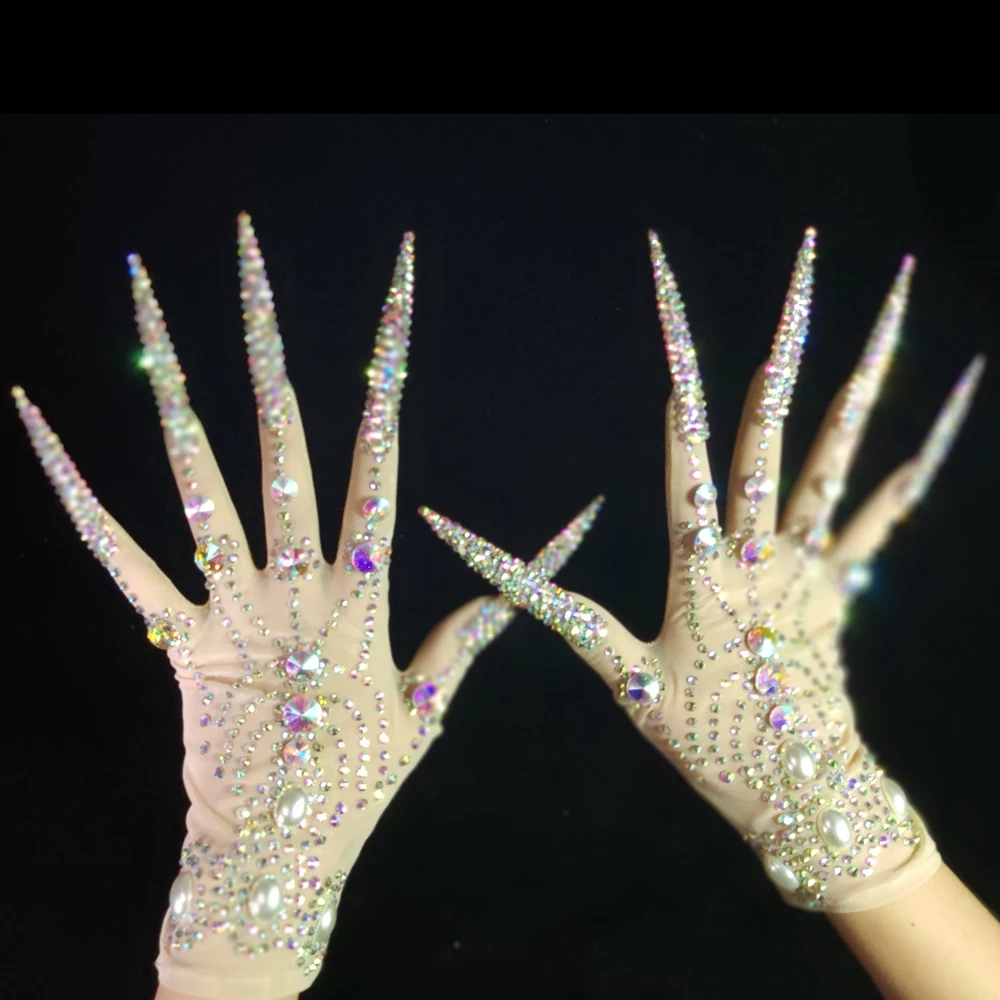 Guantes de perlas de diamantes de imitación AB para mujer, lujosos guantes de uñas de longitud grande, traje de Drag Queen, accesorios de actuación