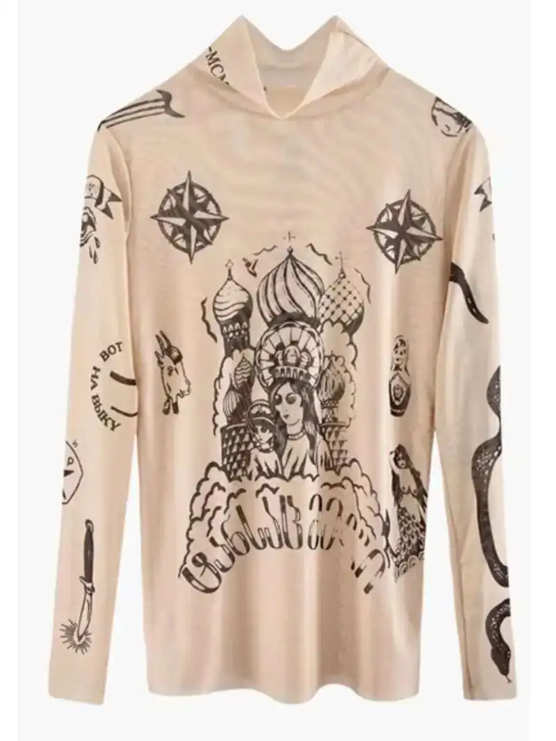 2025 Autumn New Fashion Women Basal Top Goddess Tatoo Print Long Sleeve High Tight Collar Nude Color Mesh Yarn SEXY T-shirt B666