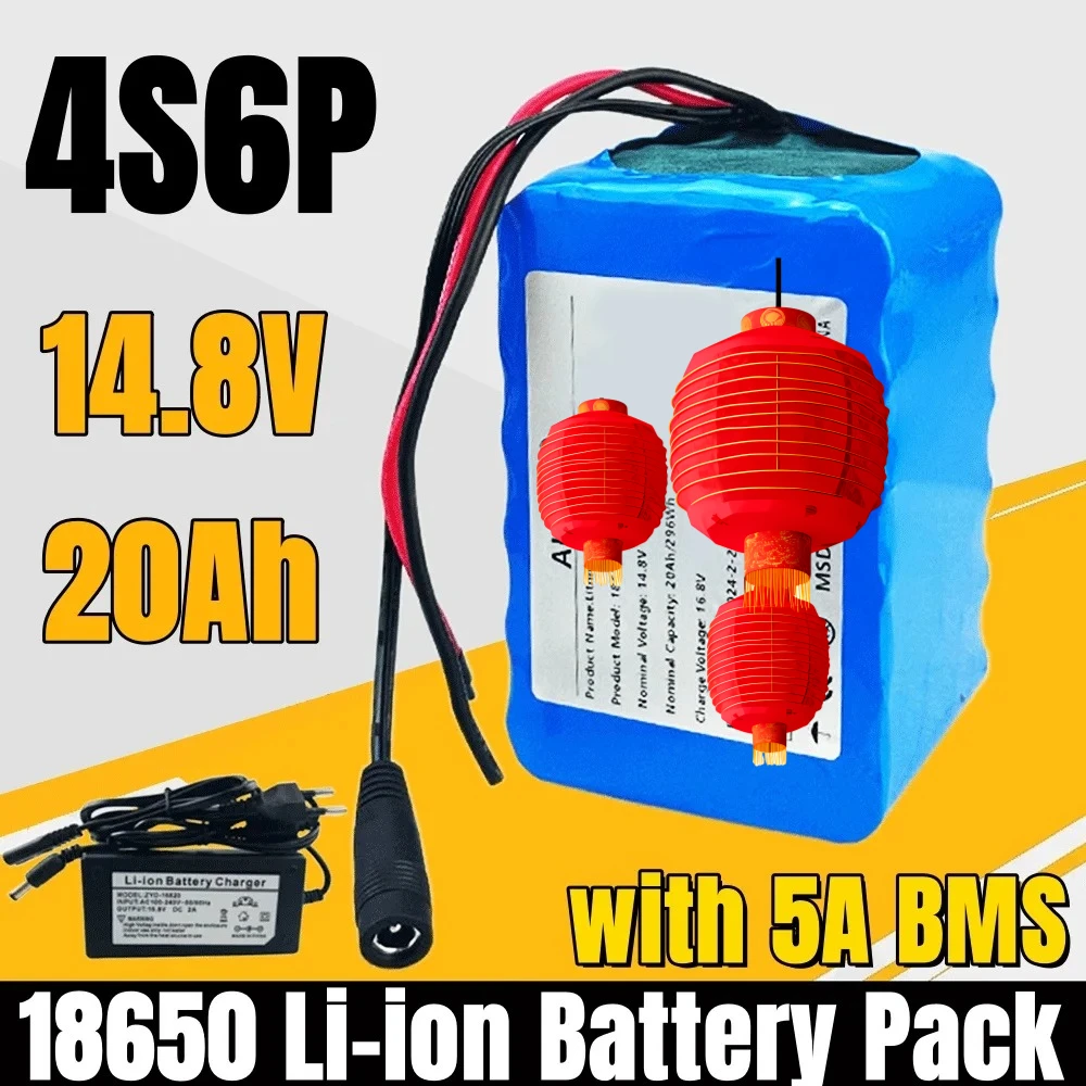 18650 Li-ion 4S6P 14.8V 20Ah Battery Pack with 5A BMS for Night Fishing Lamp Heater Miner's Lamp Amplifier Etc + Charger