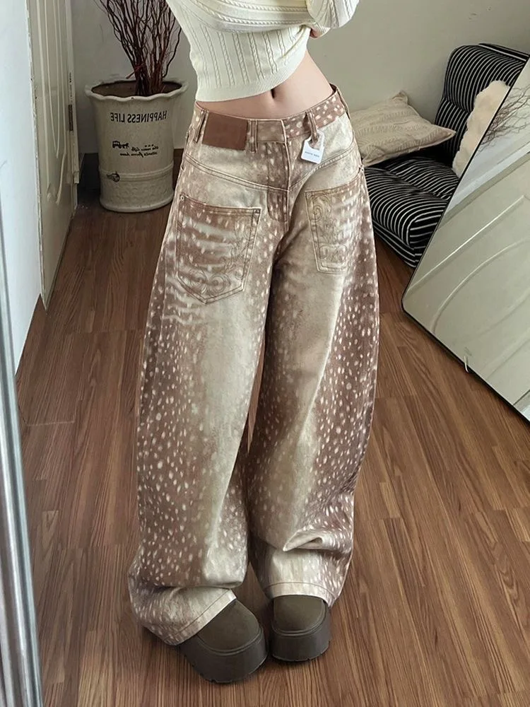 Women Deer Print Baggy Wide Leg Jeans Y2K Vintage High Waist Washed Denim Pants Embroidery Pocket Casual Streetwear Trousers