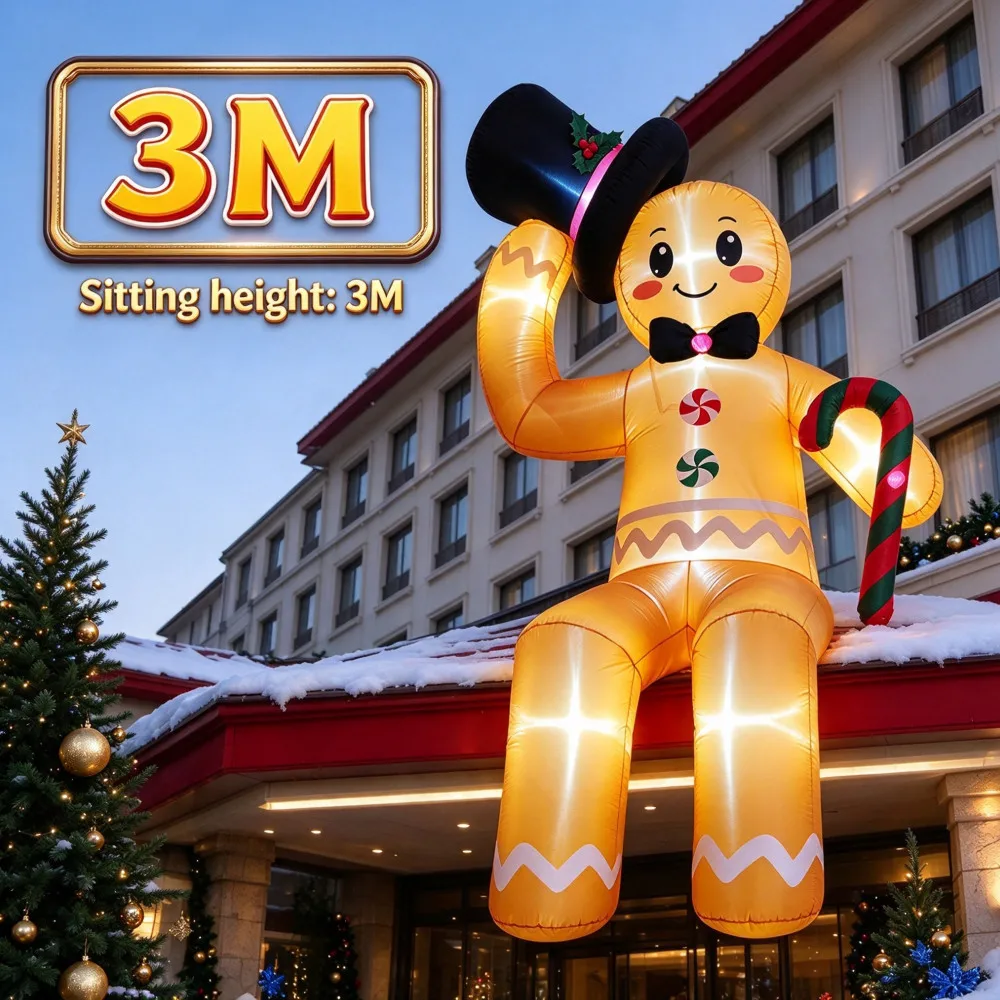 3M Sitting Inflatable Gingerbread Man Built-in LED Lights Christmas Blow Up Ornament Outdoor Roof Yard Lawn Xmas Holiday Decor