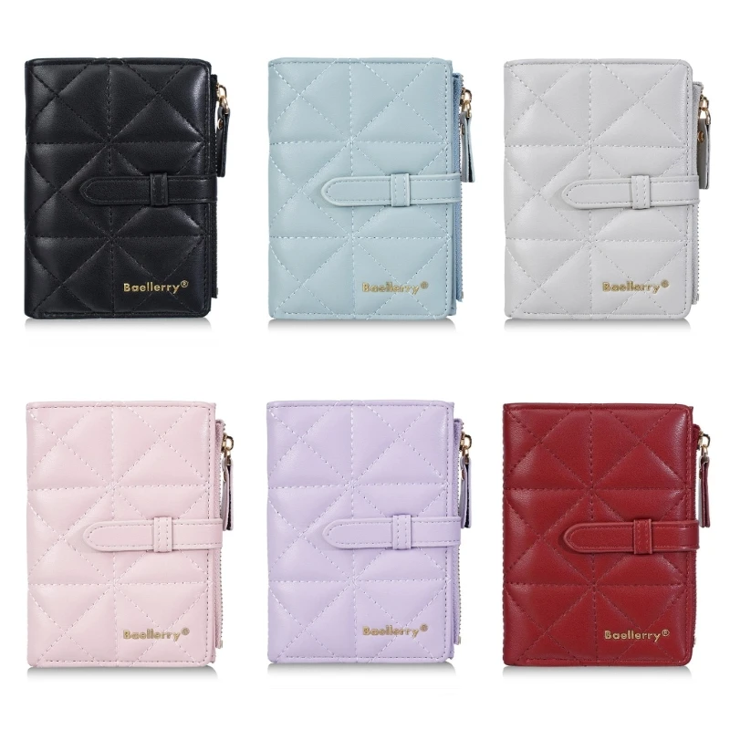 X5XA Korean Inspired Quilted Pattern Card Case Wallet Secure Zip Coin Pocket Practical PU Leather Card Holder Wallet Purse