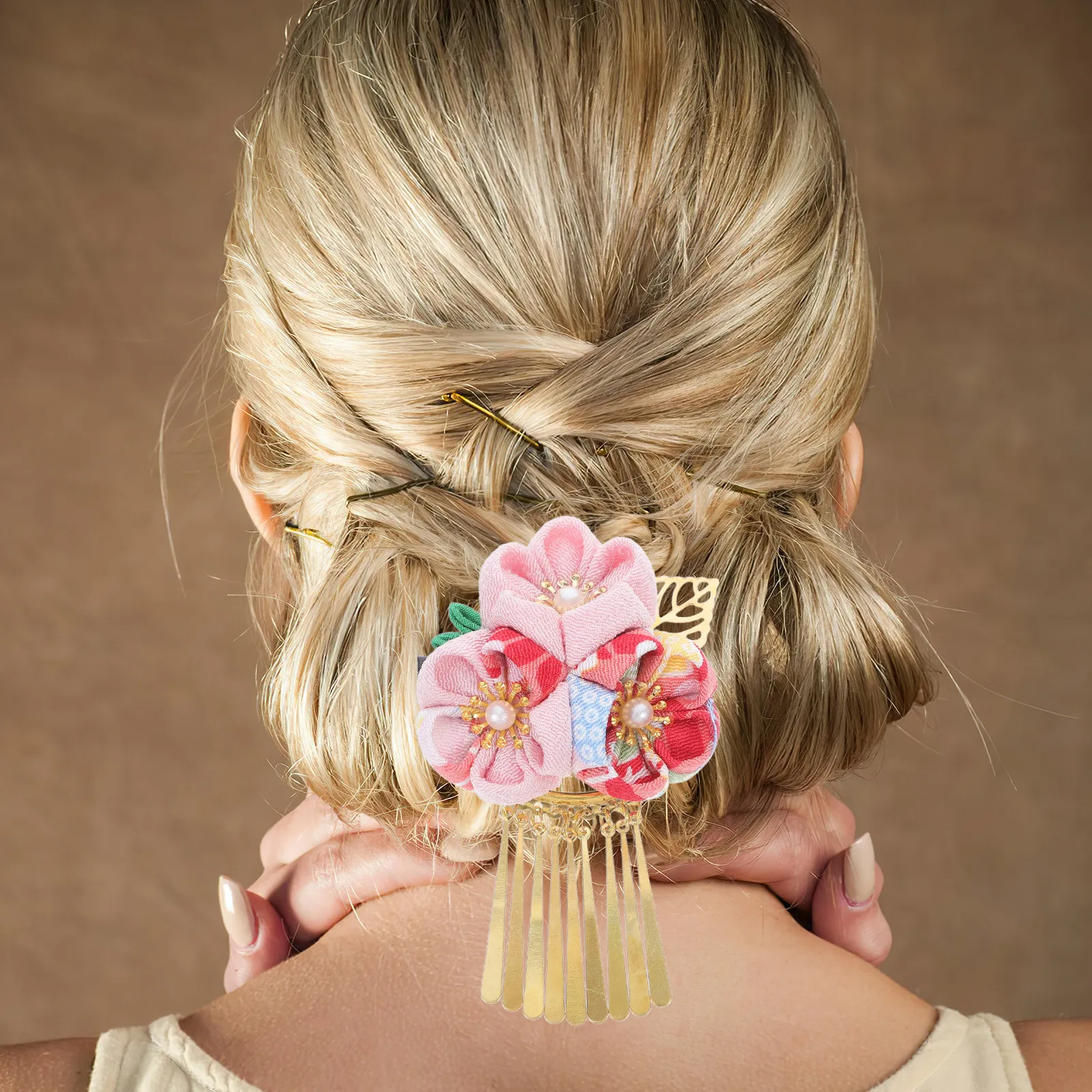 

Японская розовая заколка для волос ручной работы с цветком, женская заколка-барретт, украшение для волос, аксессуар для кимоно, женская заколка для волос