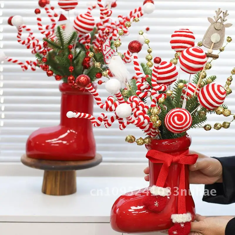 

Christmas creative gift bouquet, red shoe vase, Christmas boots, holiday gift