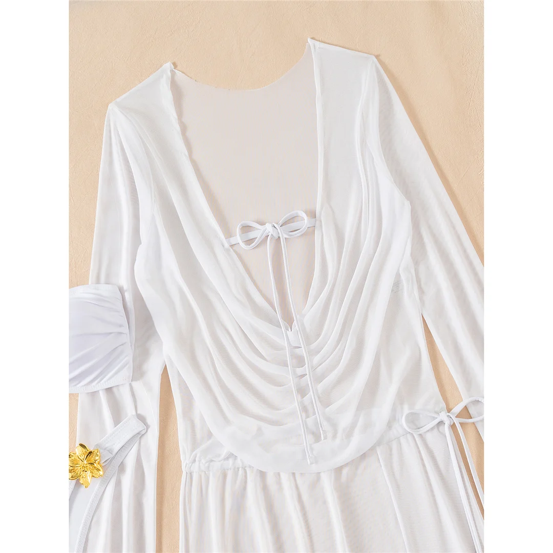 Weißes, verführerisches Kleid mit langen Ärmeln, Bikini, Damen-Badeanzug, Damen-Bademode, dreiteiliges Bikini-Set, Badebekleidung, Badeanzug, Modell V7828. – Detail 7